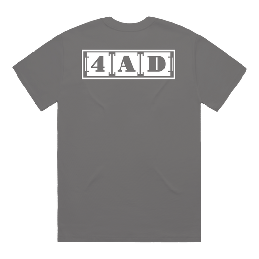 Gray t-shirt with '4AD' logo on the back.