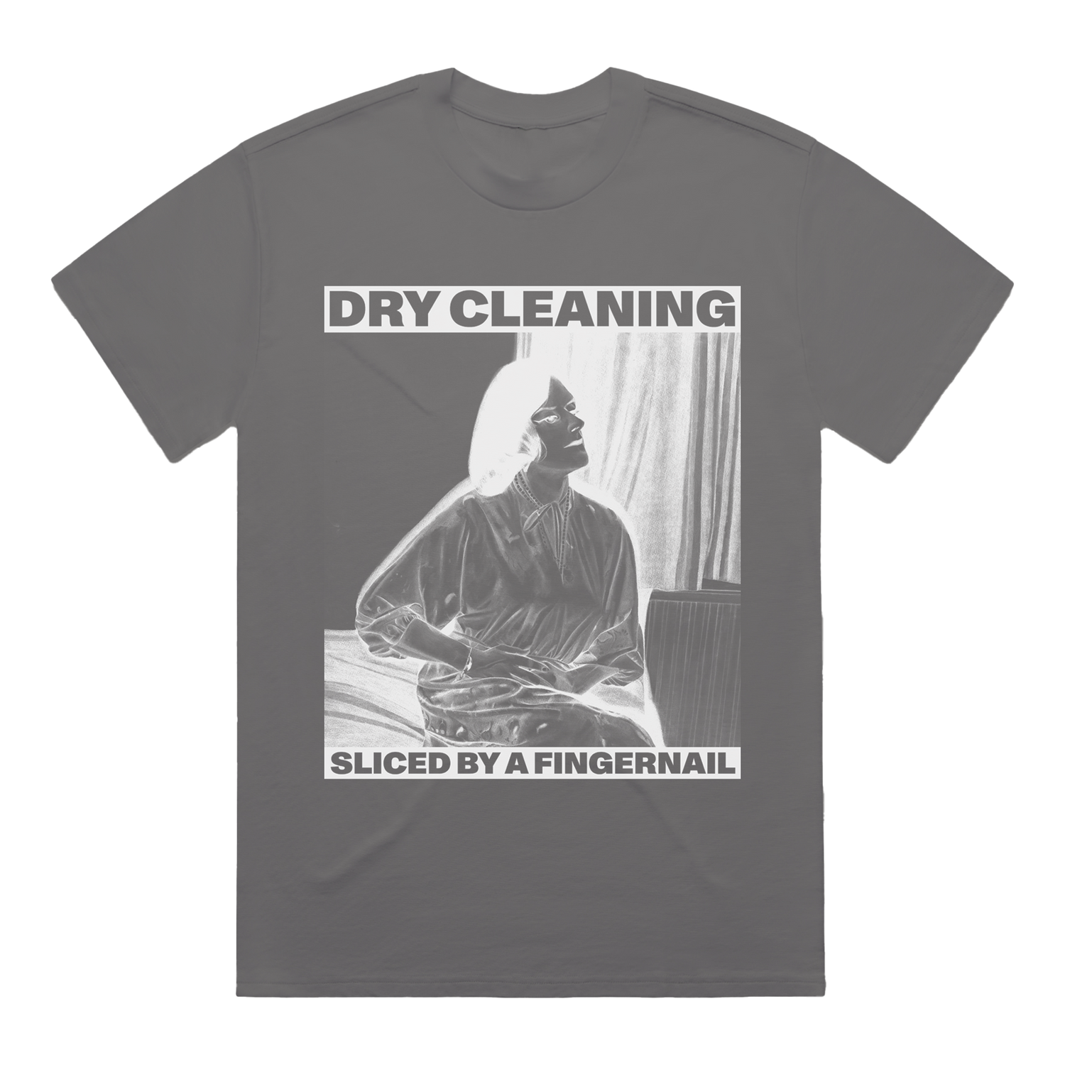 Gray t-shirt with 'Dry Cleaning' album cover graphic.